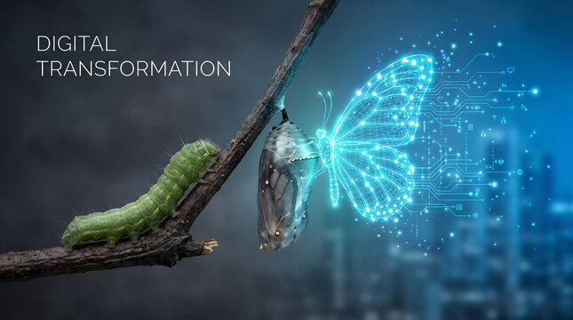 Green caterpillar crawling towards a chrysalis evolving into a glowing blue digital wireframe butterfly concept