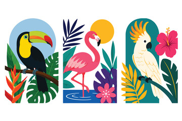 Fototapeta premium Tropical exotic birds collection featuring toucan flamingo and parrot.