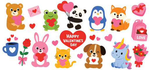 Fototapeta premium Happy valentines day animal characters holding hearts and romantic gifts.