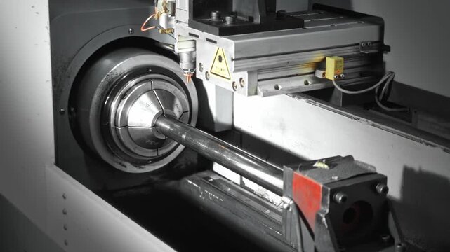 Automatic laser cutting head shaping hollow steel pipe inside enclosed CNC machine with bright sparks, molten drops, rotating pipe, and precise industrial fabrication action