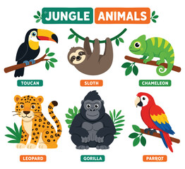 Fototapeta premium Wild jungle animals collection with names educational chart.