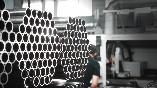 Stacked polished steel tubes in industrial workshop foreground with blurred worker and machinery behind, showing hollow cut ends, bright rim highlights, clean orderly metal supply