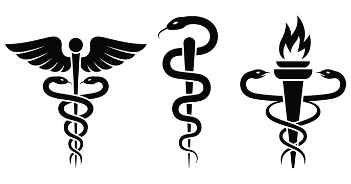 caduceus icon collection with winged staff and intertwined snakes, classic healthcare and medical service emblem for hospitals, pharmacies, health insurance and pharmaceutical branding, professional e