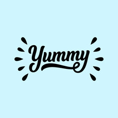 Yummy hand lettered typography with droplet shapes a black vector illustration on a light blue © Purepixel
