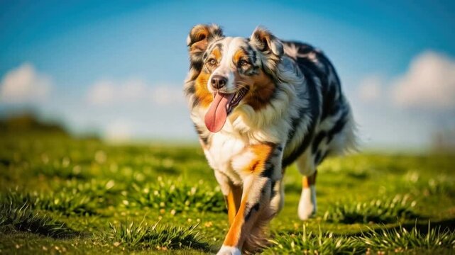 Happy Australian Shepherd dog running on green grass under blue sky during sunny day