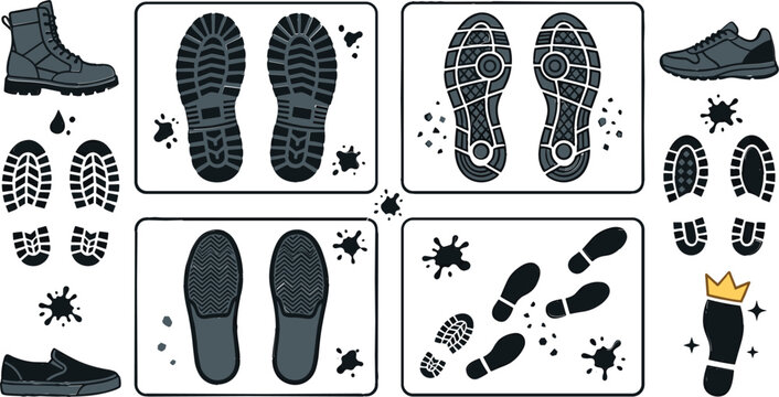 Footprint Collection with Shoe Sole Prints, Mud Tracks, Hiking Boot Imprints, Sneaker Tread Patterns, and Footstep Evidence Vector Illustration Set