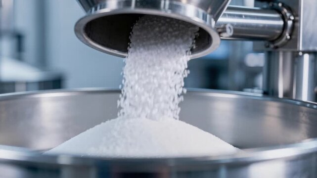 Close up of white plastic pellets pouring into a large stainless steel container in a factory setting