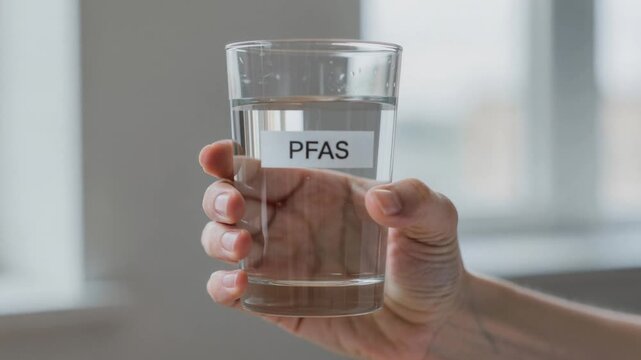 Hand holding a glass of water labeled PFAS highlighting water contamination and environmental pollution awareness