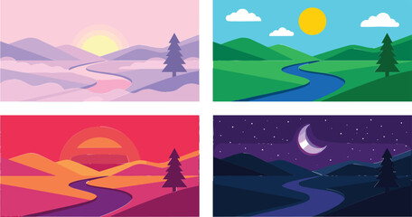 Landscape Background Collection with Sunrise, Sunny Day, Sunset, Night Sky, Rolling Hills, River Valley, and Scenic Nature Vector Illustration Set © Priyanka