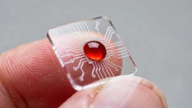 Close up of flexible transparent electronic chip with red sensor on finger tip technology innovation