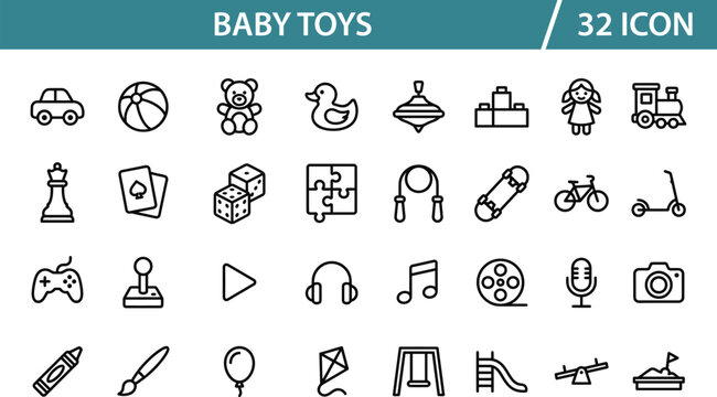Collection Of Baby Toys Icons Line Style On White Background toy infant childhood play playtime