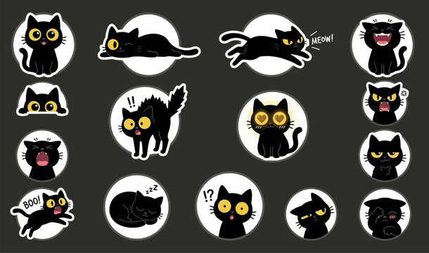 Cute Black Cat Emoji Sticker Collection with Funny Expressions Sleeping Scared Angry Loving Surprised for Social Media Messaging App Design
