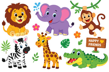 Naklejka premium Happy jungle animals group with lion elephant giraffe monkey zebra and crocodile.