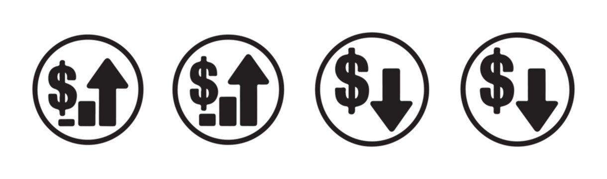 Finance growth and decline icons showing dollar symbols with arrows indicating market trends up down.