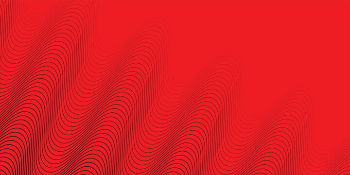 Abstract red vector background with dynamic wavy line pattern, minimal topographic contour soundwave design with copy space for creative tech banner, poster or wallpaper