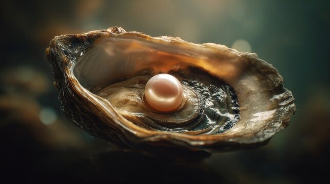 Close-Up of an Oyster Opened with a Beautiful Pink Pearl Inside