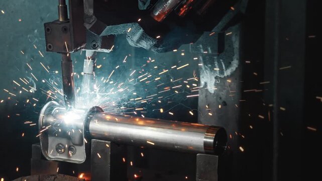 Robotic welding torch joining steel tube to suspension bracket inside factory fixture with bright arc, flying sparks, glowing heat, and precise metal assembly, with welding, robotic, torch, spark
