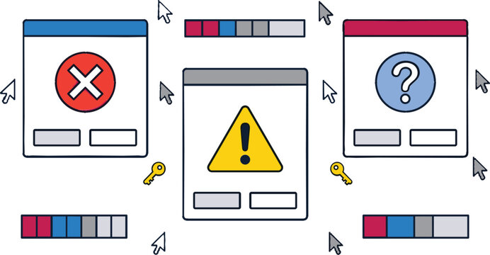User Interface Dialog Window Collection with Error, Warning, Help Popups, Alert Messages, Mouse Cursor, and Web Notification Vector Set