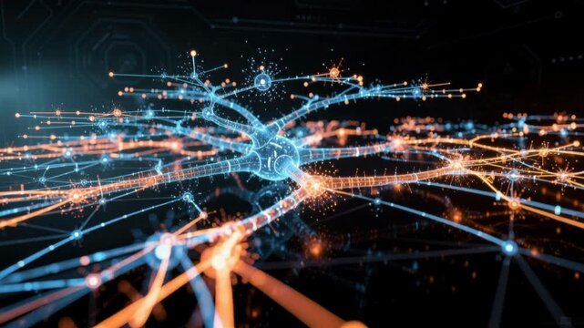 Futuristic digital neuron network with glowing blue and orange connections representing artificial intelligence