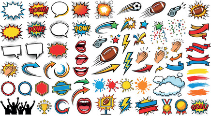 Pop Art Sports Explosion Graphic Elements Vector Set with Comic Book Style Speech Bubbles, Footballs, Lightning Bolts, and Halftone Celebration Icons © Monirul