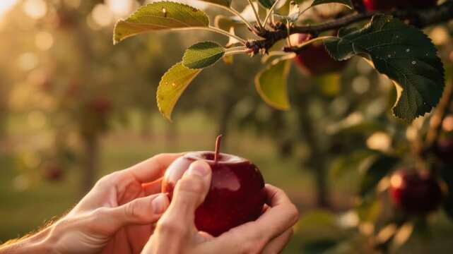 Hands picking ripe red apple from tree branch in orchard with golden sunlight