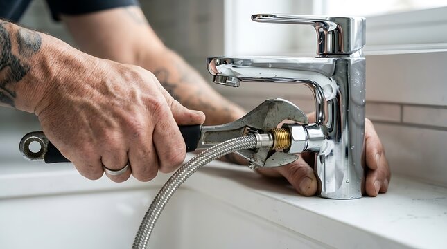 Close up of a person hand using an adjustable wrench to tighten a metal pipe fitting on a chrome bathroom faucet during a plumbing repair project