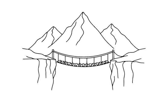Suspension bridge connecting cliffs with mountain peak background.