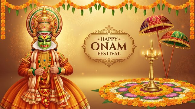 Vibrant Kathakali Onam festival greeting with floral pookalam and traditional lamp for celebration