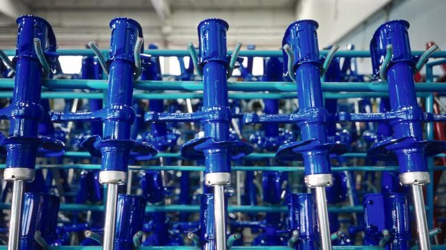 Rows of glossy blue automotive struts on teal racks inside manufacturing plant with chrome rods, overhead lights, reflective surfaces and precise industrial symmetry