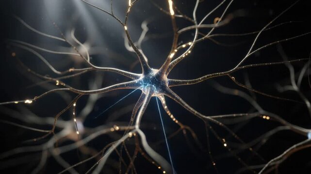 Close up of glowing neuron cells transmitting signals with light effects in dark background for brain science
