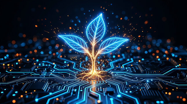 Futuristic glowing plant sprout in dark cosmos
