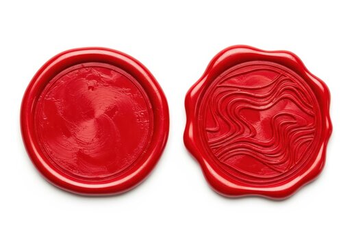Two Red Wax Seals Isolated on White Background - Blank and Patterned Sealing Wax Stamps for Invitations and Documents