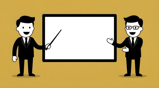 Two businessmen presenting on a blank whiteboard