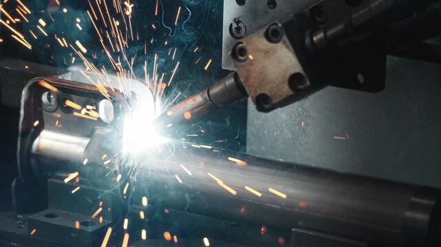 Robotic welding of steel suspension bracket on round fixture with bright arc, flying sparks, smoke, and precise industrial assembly, with welding, robotic, arc, spark detail