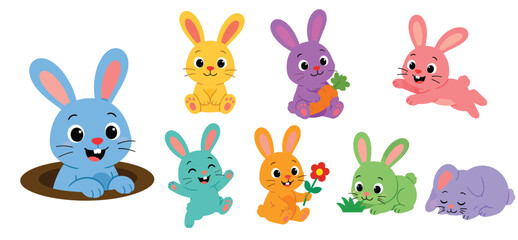 Naklejka premium Cute bunny characters with different poses and emotions.