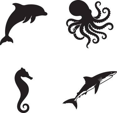 Marine animal silhouette vector icons collection