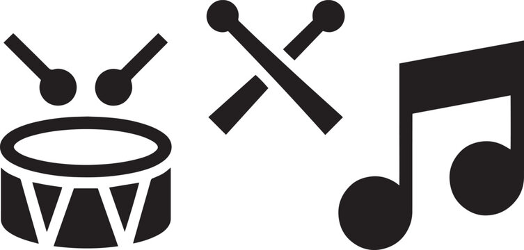 Drum with crossed sticks and a musical note icon signify a rhythmic percussion performance theme.