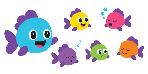 Fototapeta premium Colorful ocean animals swimming and displaying various expressions.