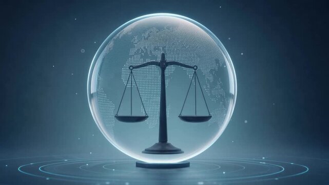 Digital globe with scales of justice symbolizing global law fairness and legal balance concept