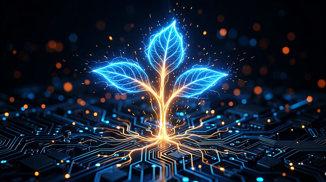Blue glowing tree with circuit connections and particles