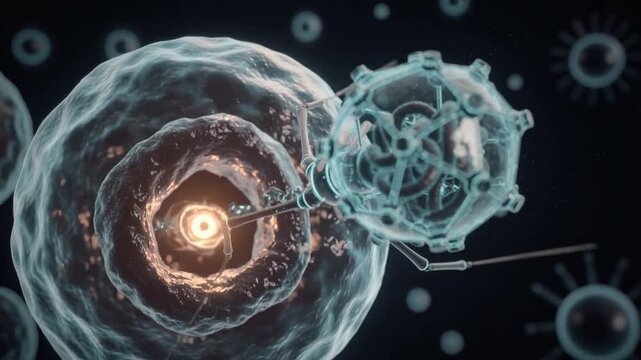 Detailed 3D illustration of a virus particle attacking a cell in microscopic environment
