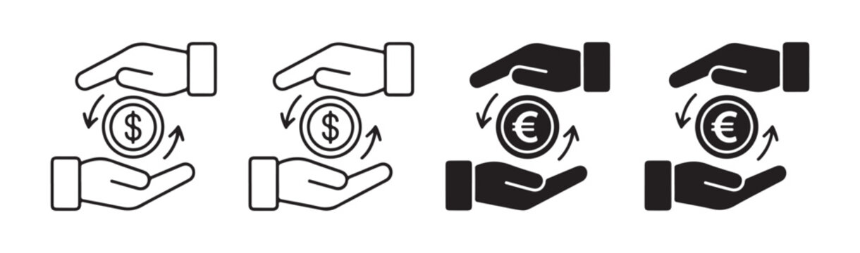 Set of four hands holding money coins with exchange arrows representing financial currency conversion.