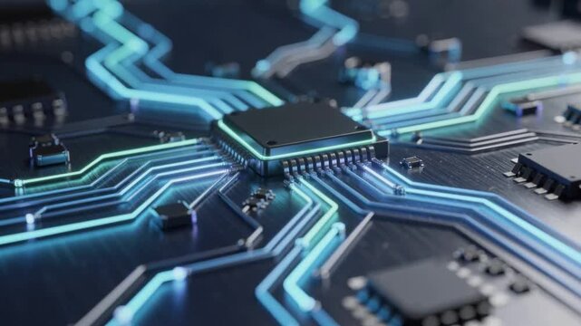 Close up of modern microchip with glowing blue circuit lines on black motherboard technology background