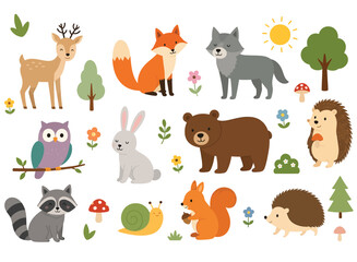 Naklejka premium Cute forest animals flat design elements.