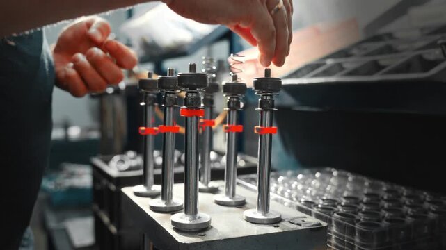 Worker hands assembling red clips and springs onto polished chrome guide posts on industrial workshop fixture with low angle shallow focus under bright task light