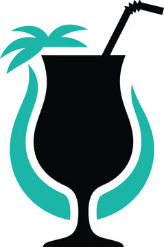 Cocktail Glass Icon with Black Juice and Teal Palm Leaves, Minimalist Drink Concept for Design and Menu Layout