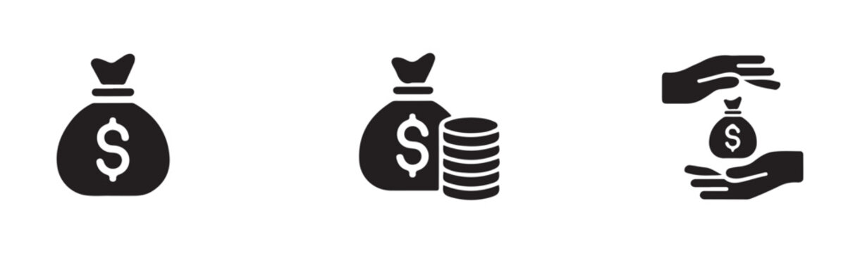 Money bag icon set with coin stacks and hands protection symbols for financial security concepts.