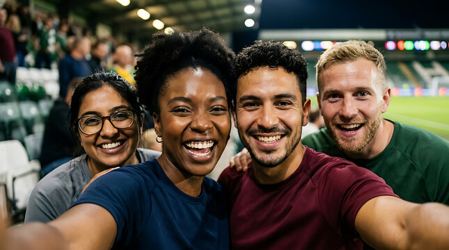 Diverse group of friends laughing and taking a selfie at a sports stadium event