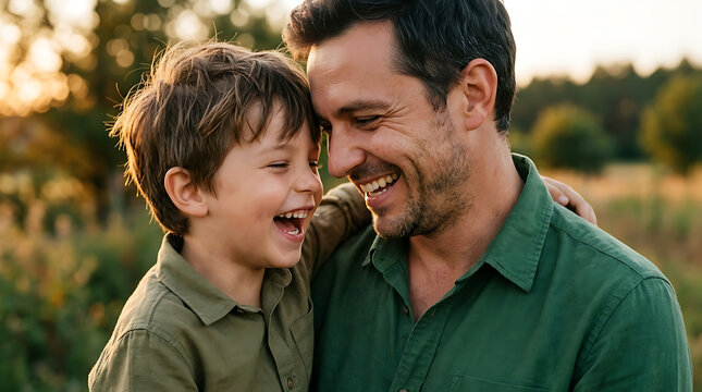 Father and Son Laughing Together Outdoors in Golden Hour Sunlight, Genuine Connection