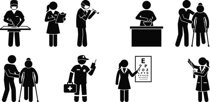 Medical staff and healthcare professional silhouette vector set featuring doctor surgeon pharmacist paramedic and patient care